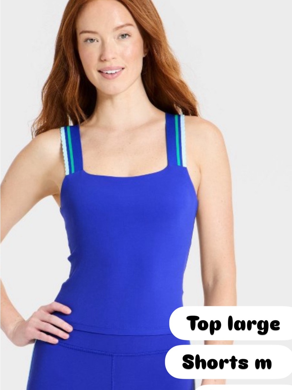 Blue Square-Neck Performance Tank with Striped Straps and shorts